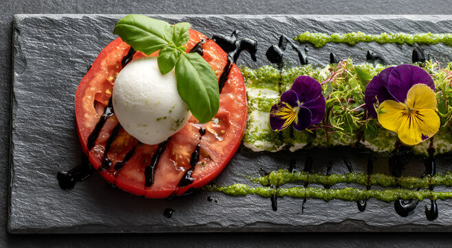 Gourmet Caprese Salad with Fresh Mozzarella, Tomato, Basil, and Edible Flowers on Slate.