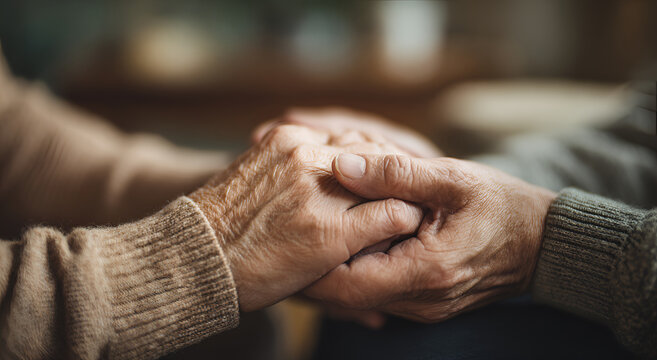 Close-up of elderly couple holding hands, symbolizing love, support, and companionship.
