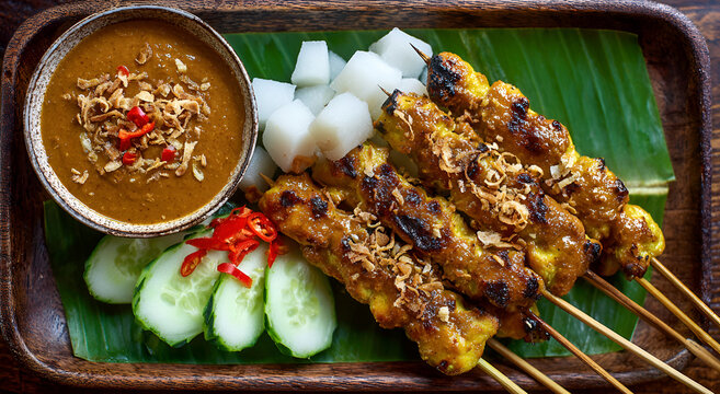 Delicious Chicken Satay Skewers with Peanut Sauce and Fresh Cucumber Slices.