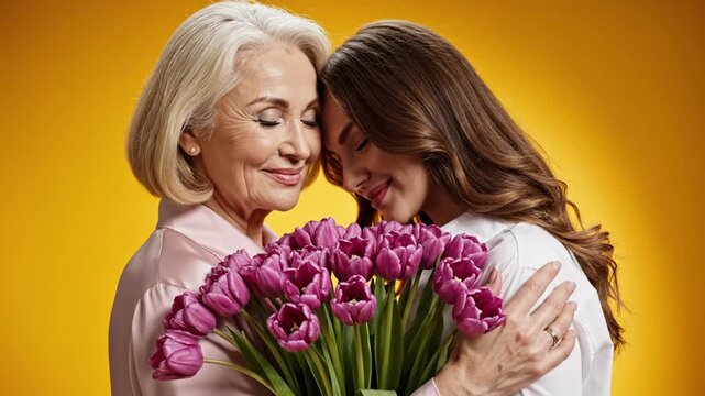 Senior woman and daughter hugging with purple tulips bouquet
