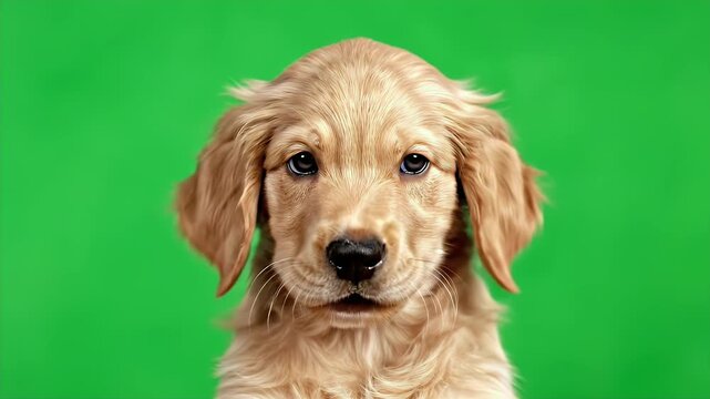Close-Up of a Golden Retriever Puppy Face Against a Vibrant Green Background Highlighting Fluffy Fur and Bright Eyes