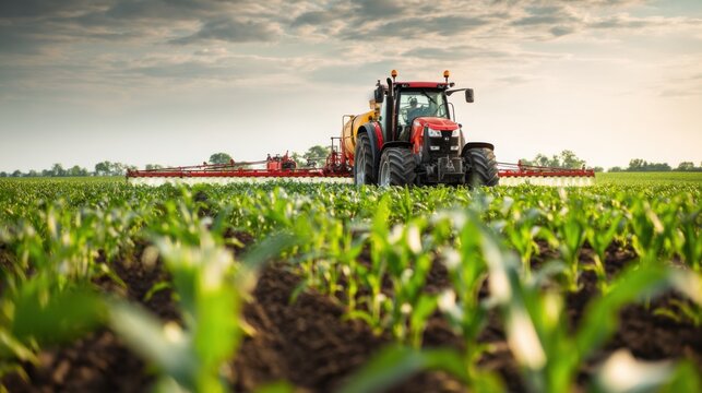 Modern tractor applies fertilizer in corn and soybean field under bright sky