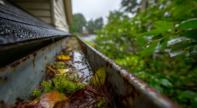 Close up of a dirty gutter filled with leaves and water after a rain shower.