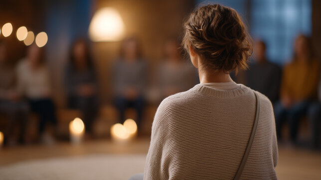 Young woman sits in the back row of a grief support group, knees together, clutching her bag strap, first session attendance, newcomer vulnerability, bereavement community beginning, candlelit room 