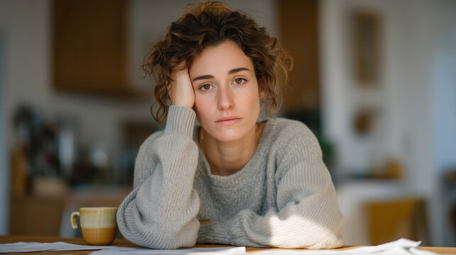 Exhausted first-time homebuyer in her thirties sits at kitchen table surrounded by printed mortgage rate documents, head in hands, coffee gone cold, spring sunlight through window, relatable financi