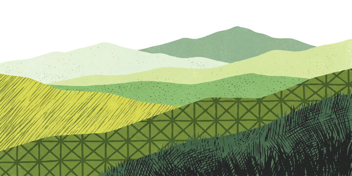 Abstract green rolling hills with a wooden fence and gray mountains in the back