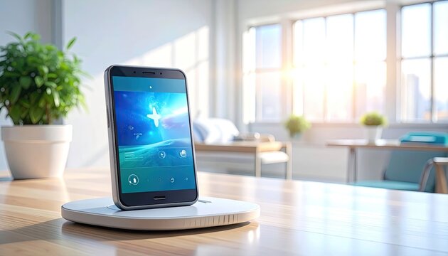 Smartphone displaying health app with cross symbol in bright office.