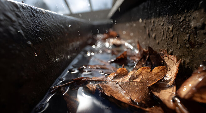 Rainwater flowing through a clogged gutter with fallen leaves and debris.