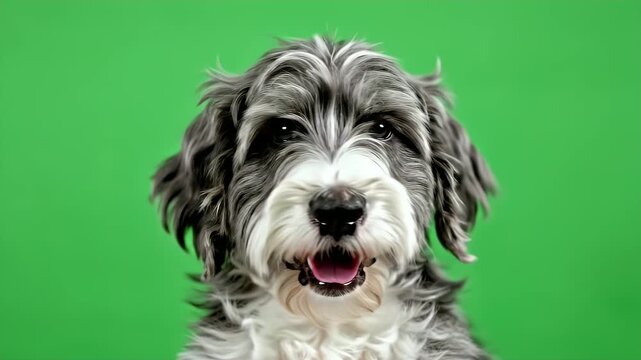 Close-Up of a Happy Old English Sheepdog Puppy Face with Bright Expression Against Vibrant Green Background