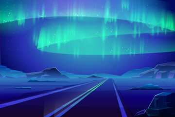 Aurora borealis illuminates arctic winter landscape with vibrant green neon hues. Stunning polar night over snowy mountains, straight road beneath starry galaxy sky. Nordic travel background design. © vectorpouch