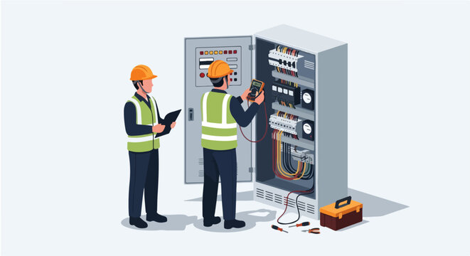 Electrical Technician Repairing Control Panel Isometric Illustration with Multimeter Volt Electric Testing