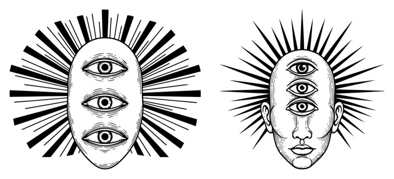 Faces with three eyes and radiant solar rays in mystical engraving style