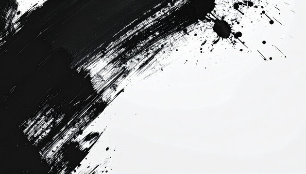 黒いインクの筆跡と飛び散る飛沫のモノクロ背景素材　力強い手描きの抽象アート　文字入れ用余白があるコピースペース付きデザインテンプレート　和モダンな筆文字の質感と墨のしぶきによるストリート感のあるテクスチャ