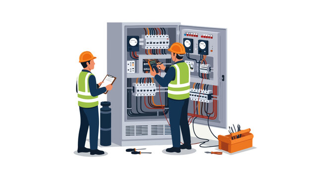 Electrical Technician Repairing Control Panel Isometric Illustration with Multimeter Volt Meter Testing
