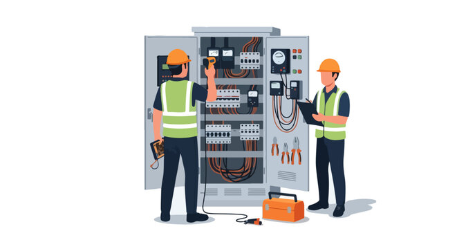 Electrical Technician Repairing Control Panel Isometric Illustration with Termo Gun Thermal Scan Tester