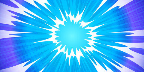 Plakat Comic burst effect with anime cartoon speed lines on blue background. Dynamic manga light pop pattern with radial ray action for vector graphic design with abstract zoom energy and splash elements.