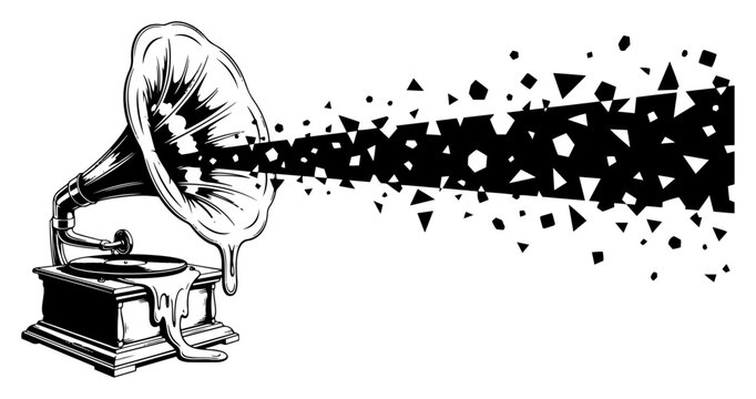 Melting vintage gramophone emitting a stream of geometric triangle fragments in surreal woodcut style
