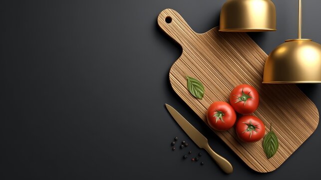 A stylish kitchen scene featuring tomatoes, a cutting board, and elegant cloches.