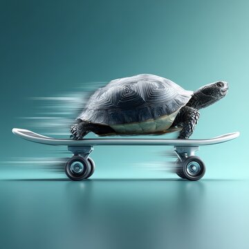 A turtle skating swiftly on a skateboard, showcasing unique movement.