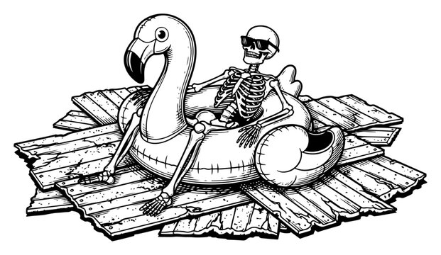 Skeleton in flamingo pool float sitting on wooden raft in detailed woodcut style