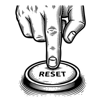 Human finger pressing round button with reset text in detailed engraving style