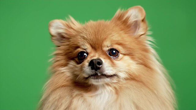Close-Up of a Playful Adult Pomeranian Dog Face Against a Bright Green Background