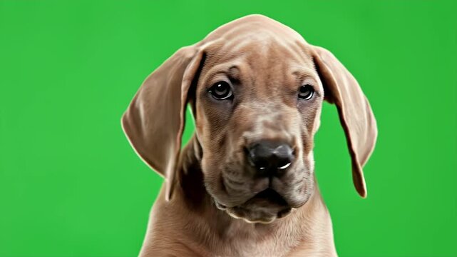 Close-Up of a Playful Great Dane Puppy with Distinct Features Against Green Screen Background