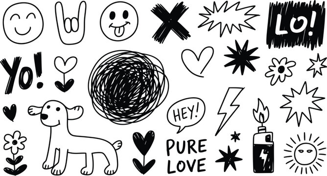 Collection of handdrawn doodle elements with a playful style