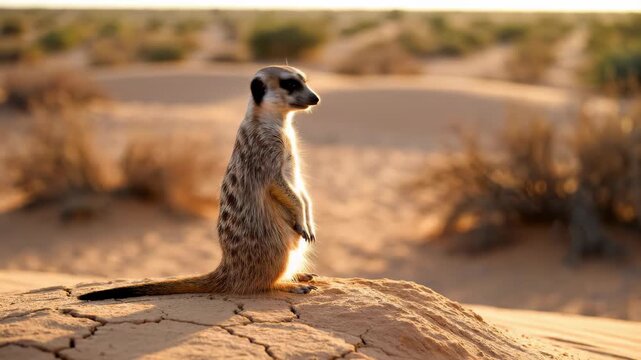 Meerkat standing guard in the desert at sunset.