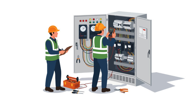 Electrical Technician Repairing Control Panel Isometric Illustration with Multimeter Volt Testing