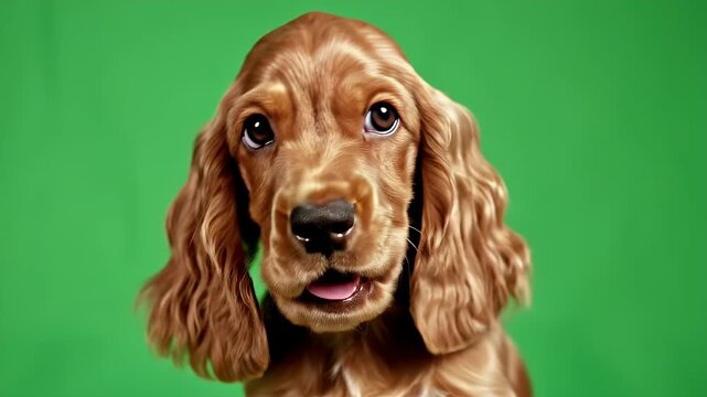 Close-Up of a Realistic Cocker Spaniel Puppy Face Against a Vibrant Green Backdrop
