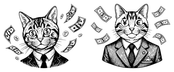 Fototapeta premium Wealthy cat businessmen in suits with currency symbols in eyes in detailed woodcut style