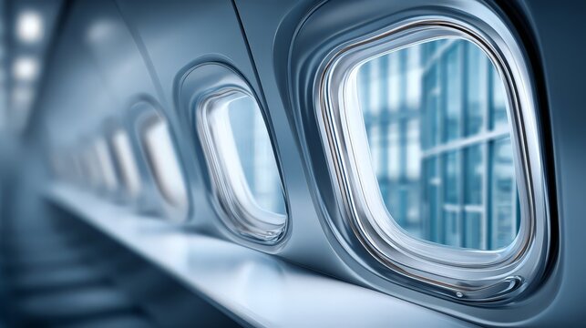 Close-up view of airplane windows with blue tones and modern architecture outside.