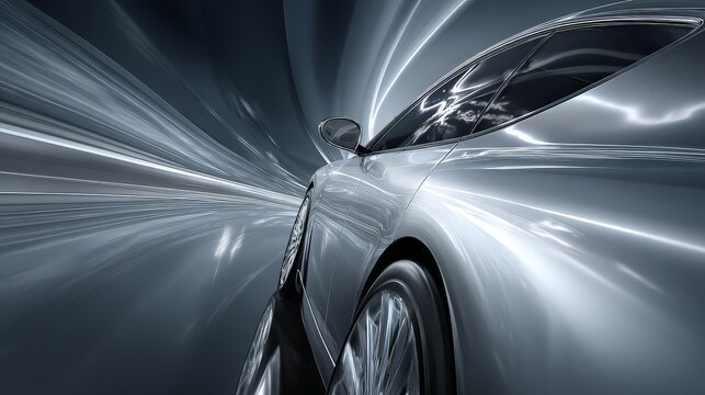 Dynamic close-up of a sleek silver car in motion capturing speed.