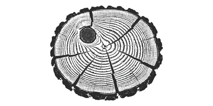 Black and white cross section of a tree log with growth rings and texture