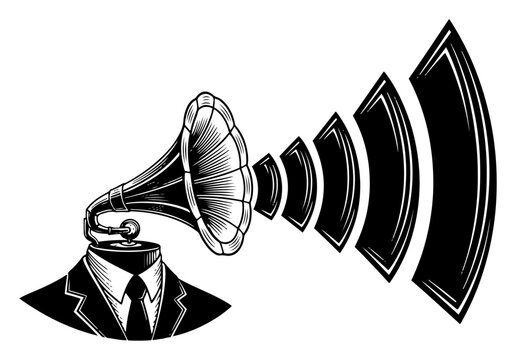 Surreal man in suit with gramophone head emitting sound waves in vintage engraving style