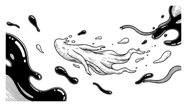 Ethereal fluid figure floating among organic liquid blobs in abstract ink style