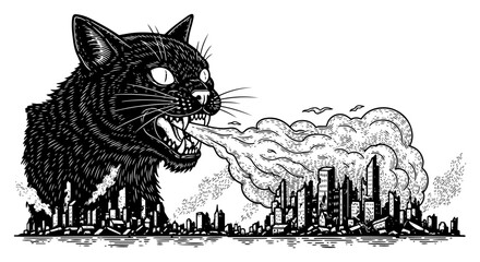 Giant black cat breathing smoke over city skyline in surreal woodcut style © Wera