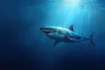 Fototapeta premium Cinematic Digital Painting of a Shark in the Deep Ocean