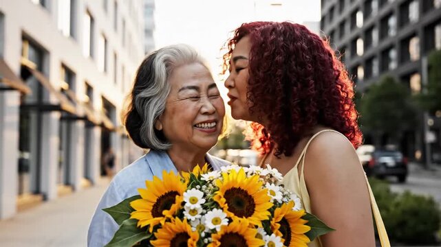 Two Asian women laughing while holding sunflowers on city street