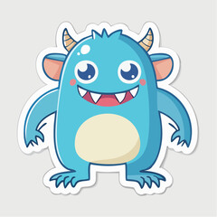 Fototapeta premium Cute Blue Cartoon Monster with Horns and Big Eyes