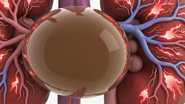 Ongoing blockage causes urine to back up into the renal pelvis, which expands gradually. The collecting system appears swollen and tense, while kidney tissue shows stress signals