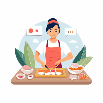 Woman preparing sushi rolls in a kitchen