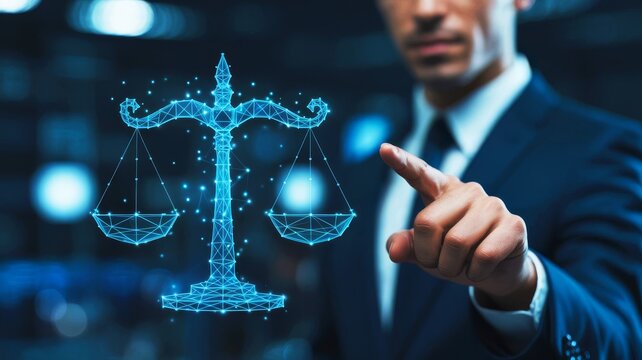 A professional pointing at a digital scale of justice, symbolizing law, ethics, and technology in a modern setting.