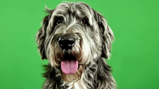 Close-Up of an Adult Old English Sheepdog's Face with Fluffy Fur and Playful Expression on a Green Background