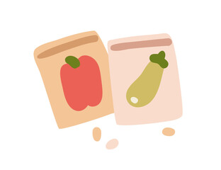 Fototapeta premium Vegetable seed packets, pouches. Bag packs for farm cultivation, planting, agriculture. Bell pepper and zucchini grains for sowing, gardening. Flat vector illustration isolated on white background