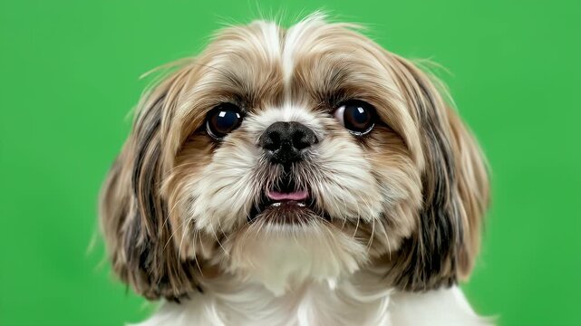 Close-Up of an Adult Shih Tzu Dog's Face with Joyful Expression Against a Green Background