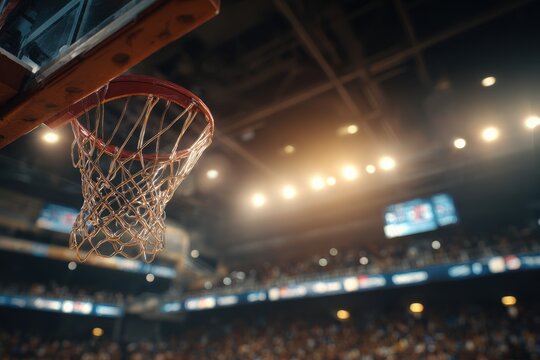 Close-up of a basketball hoop and net in a vibrant indoor arena during a game
