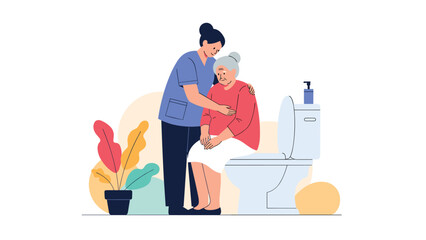 Fototapeta premium Healthcare illustration of a nurse helping an elderly woman sit on a toilet in a clean and modern bathroom setting on white.