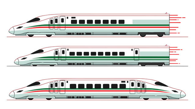 Set of high speed shinkansen train illustrations showing three different side views of the aerodynamic rail cars on white.